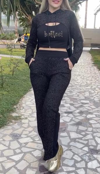 Women's sequined hoodie, rhinestone letter vest, and pants three piece set