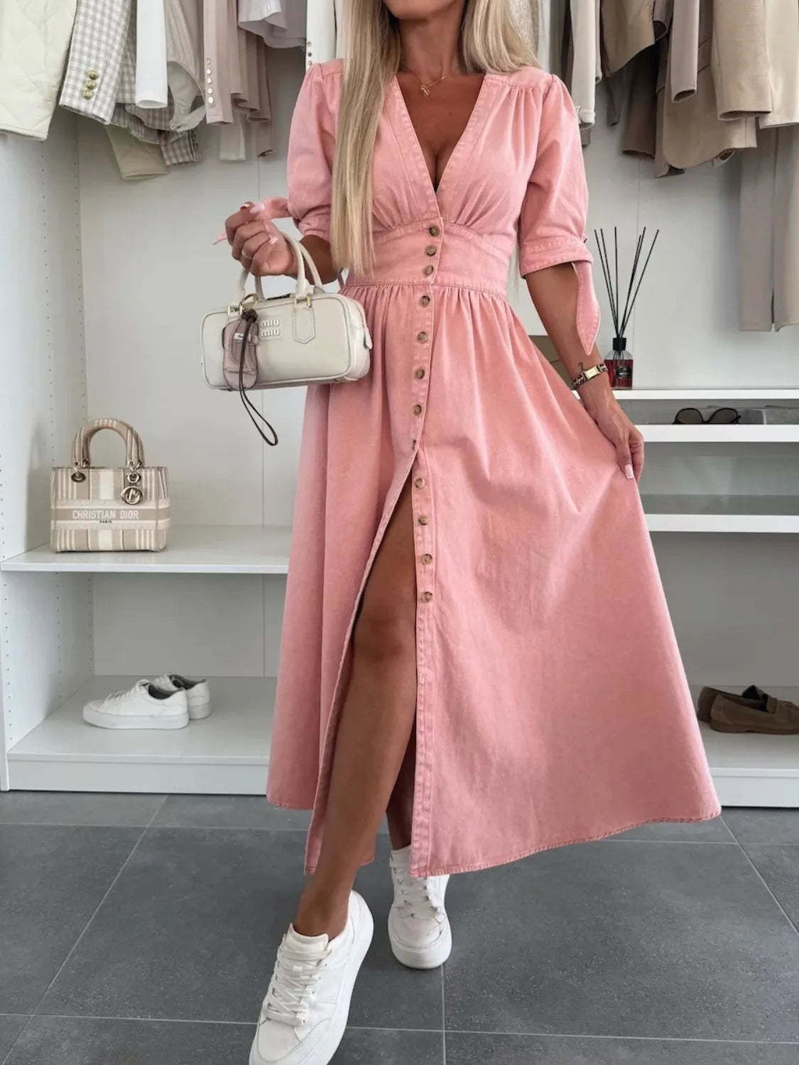 Button Front V-Neck Half Sleeve Denim Dress
