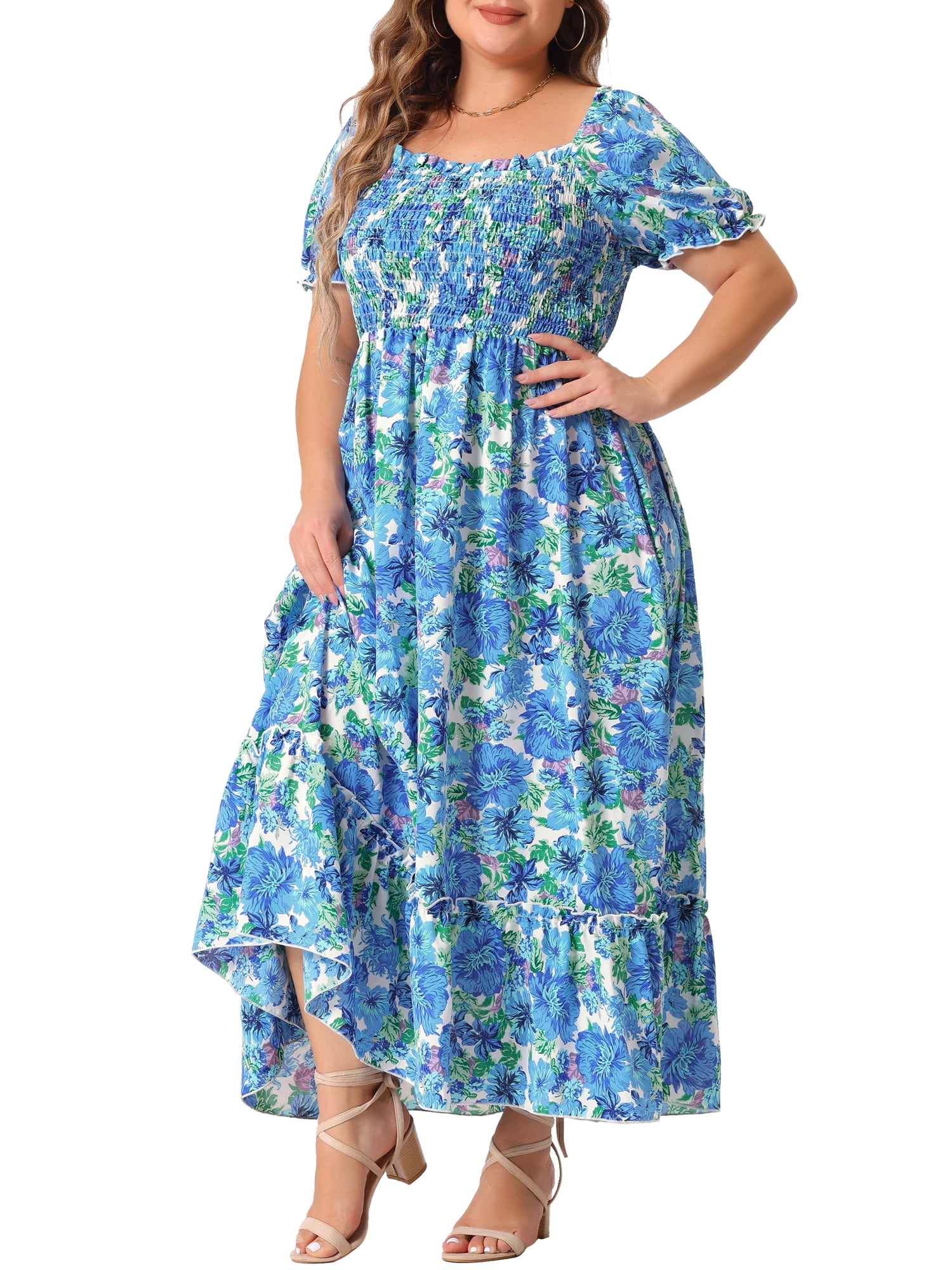 Women's Plus Size Square Neck Short Sleeve Smocked Boho Floral Maxi Dresses
