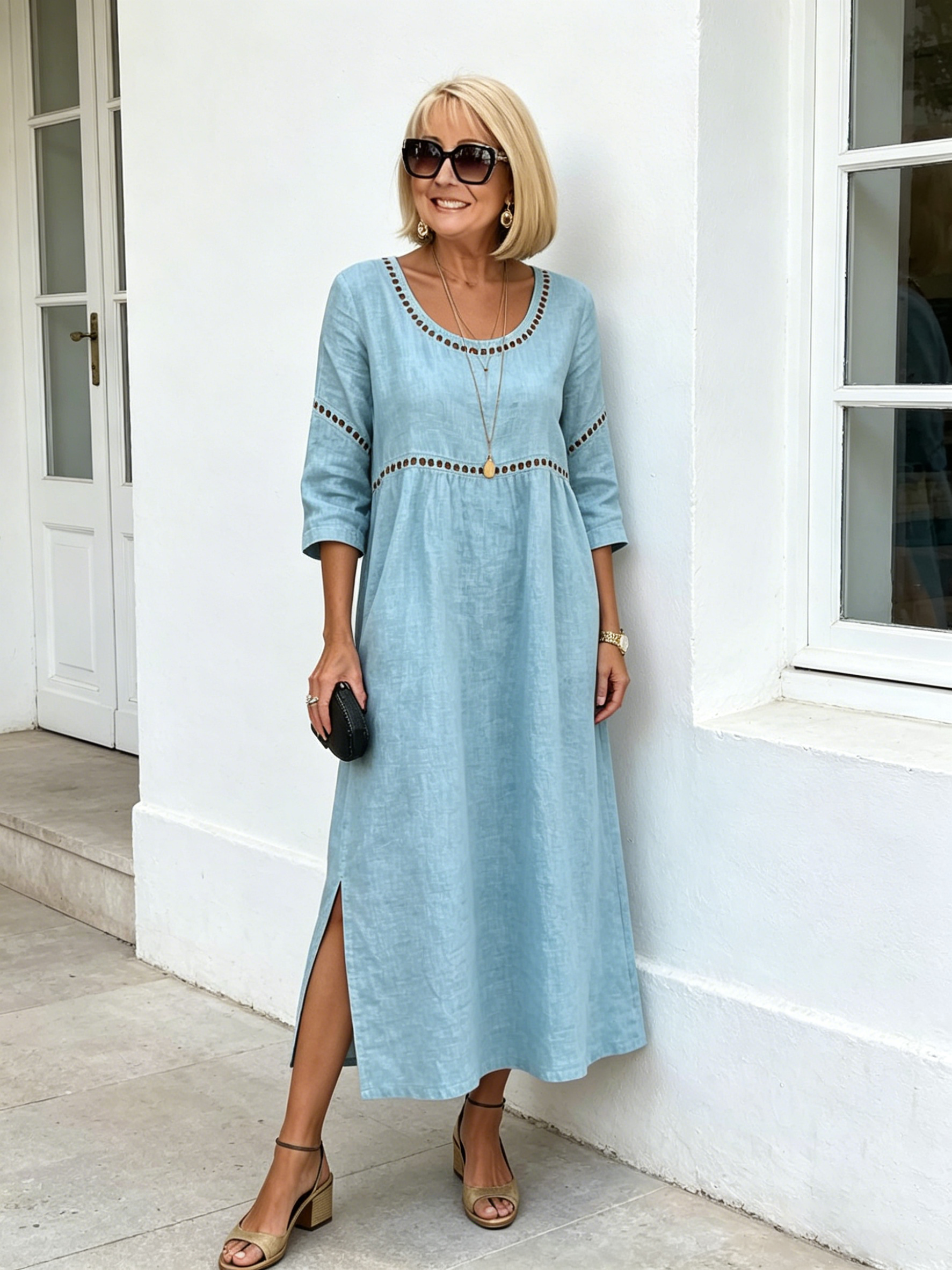 Cotton and Linen Side Split Neck Loose 7-point Sleeve Hollow Holiday Dress