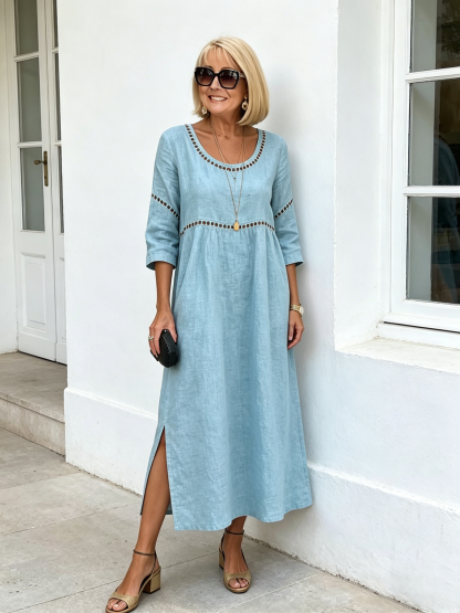 Cotton and Linen Side Split Neck Loose 7-point Sleeve Hollow Holiday Dress