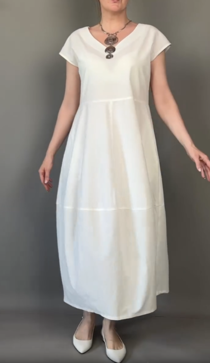 V-neck solid color stitching casual loose cotton dress
