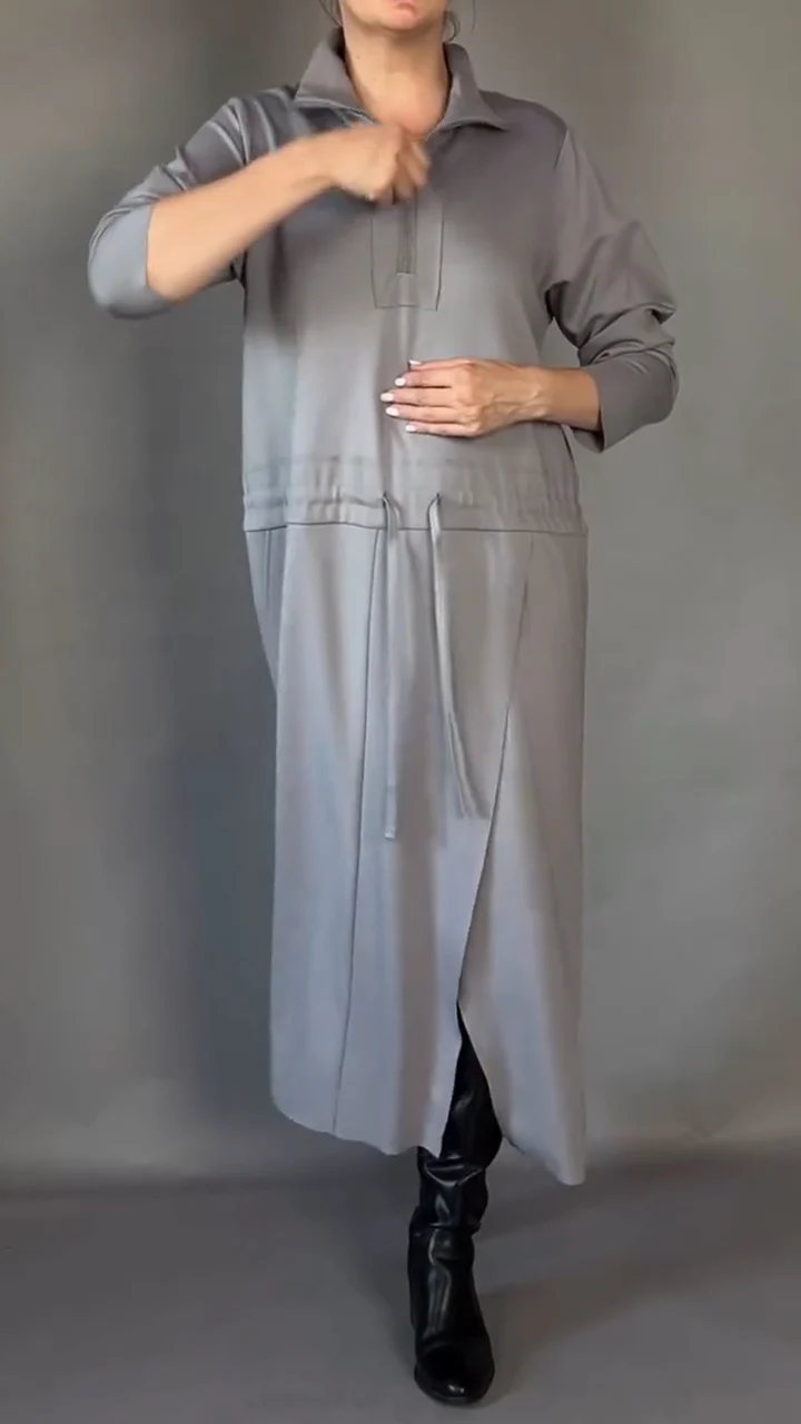 Elegancka sukienka damska z długim rękawem i ściągaczem w pasie