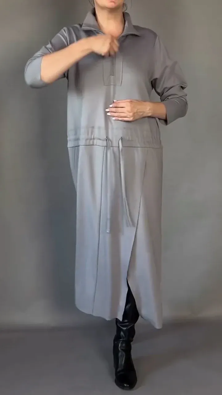 Elegancka sukienka damska z długim rękawem i ściągaczem w pasie