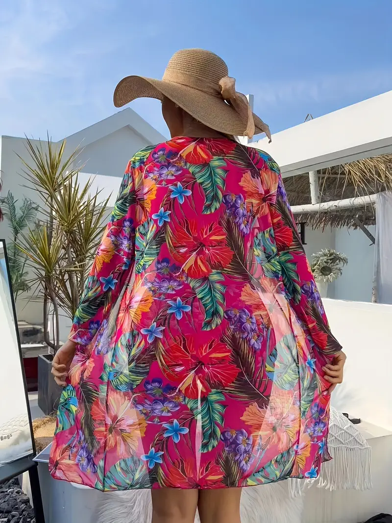 tropical print 3 piece set bikini tie front boxer short bottom with long sleeves cover up shirt swimsuits womens swimwear clothing for holiday rose red 1