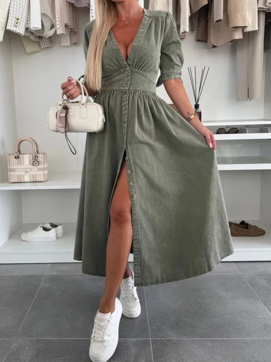 Button Front V-Neck Half Sleeve Denim Dress