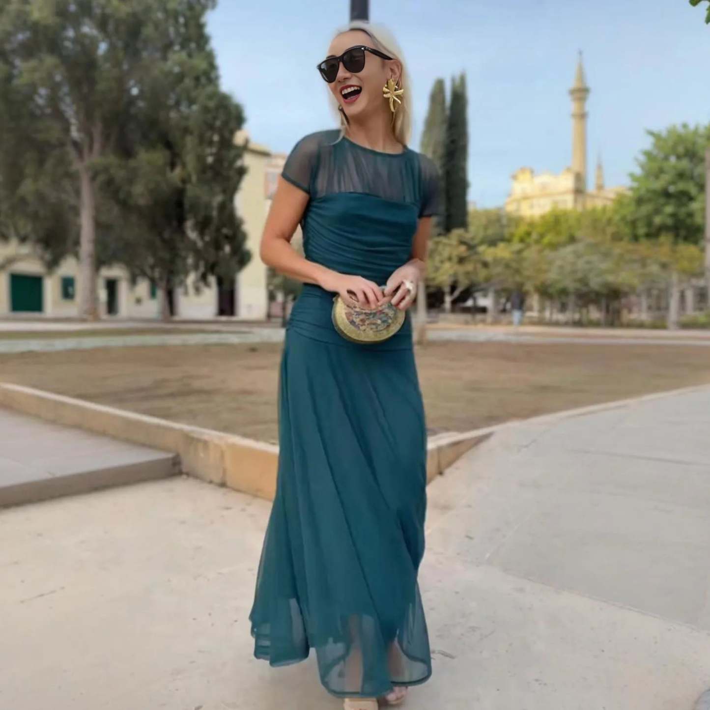 Maxi Dress with Sheer Short Sleeves and Tiered Skirt