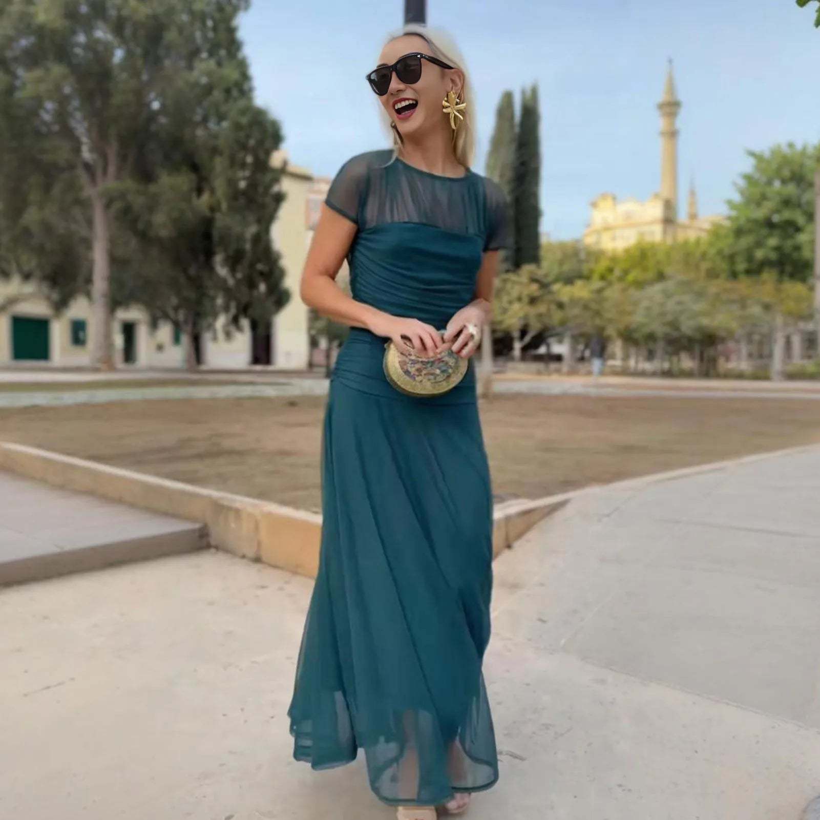 Maxi Dress with Sheer Short Sleeves and Tiered Skirt