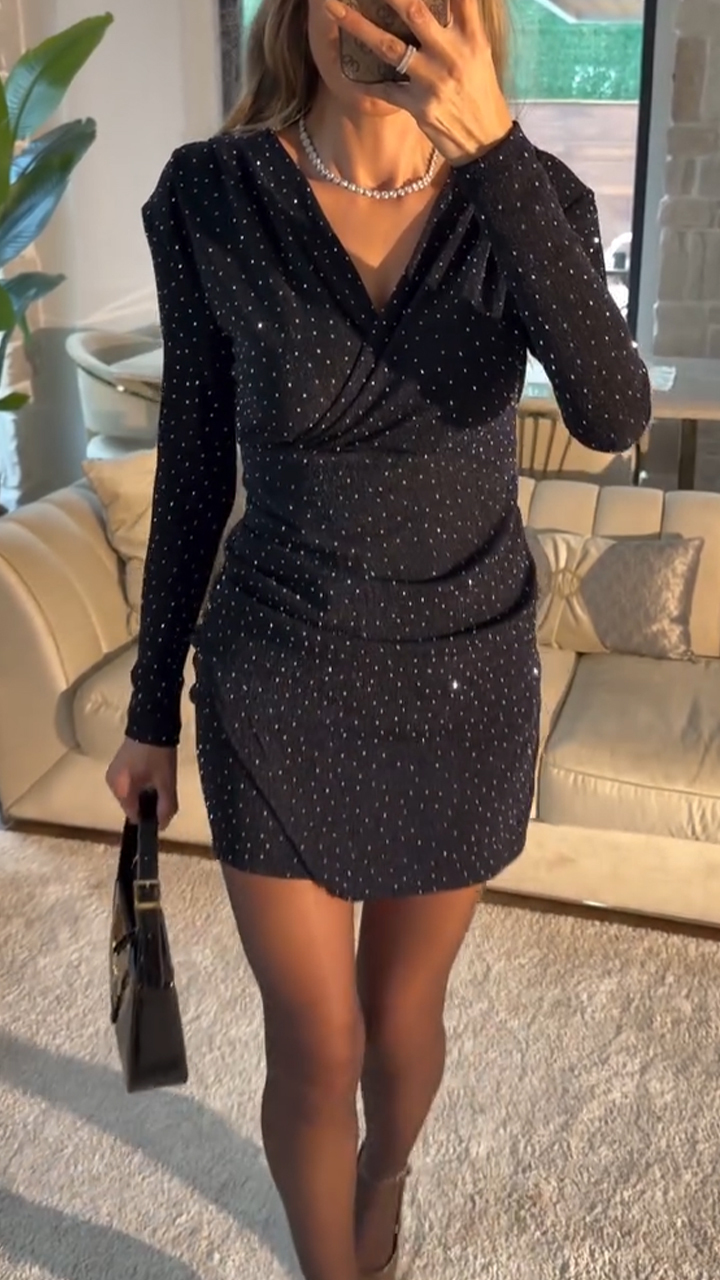 Women V-neck Rhinestone Splicing Elegant Casual Dress