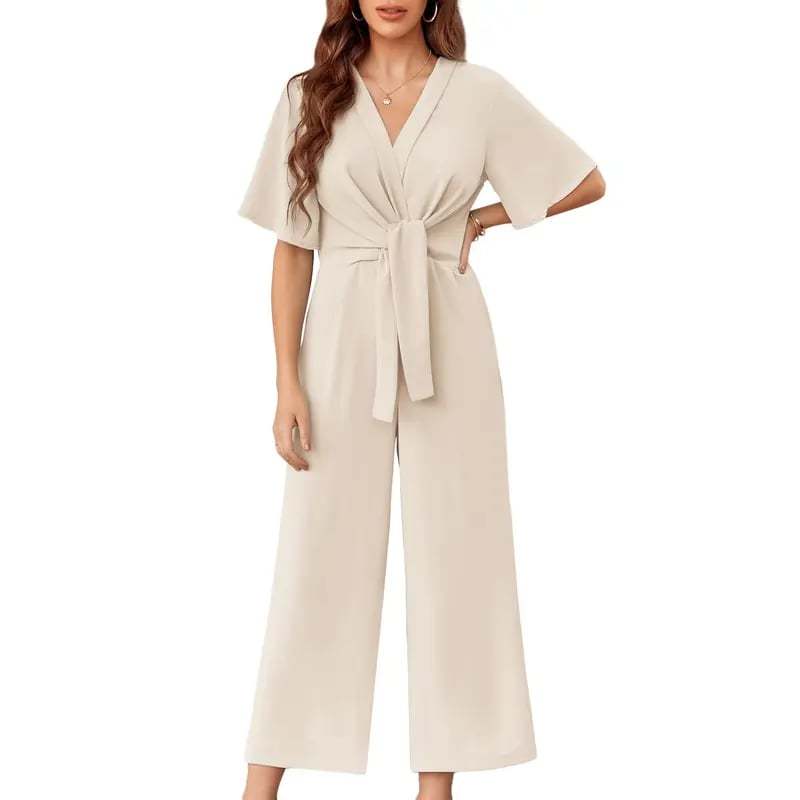 Womens Wide Leg Jumpsuits Short Sleeve V Neck Tie Knot High Waist Summer Long Romper