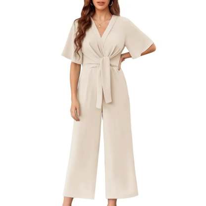 Womens Wide Leg Jumpsuits Short Sleeve V Neck Tie Knot High Waist Summer Long Romper