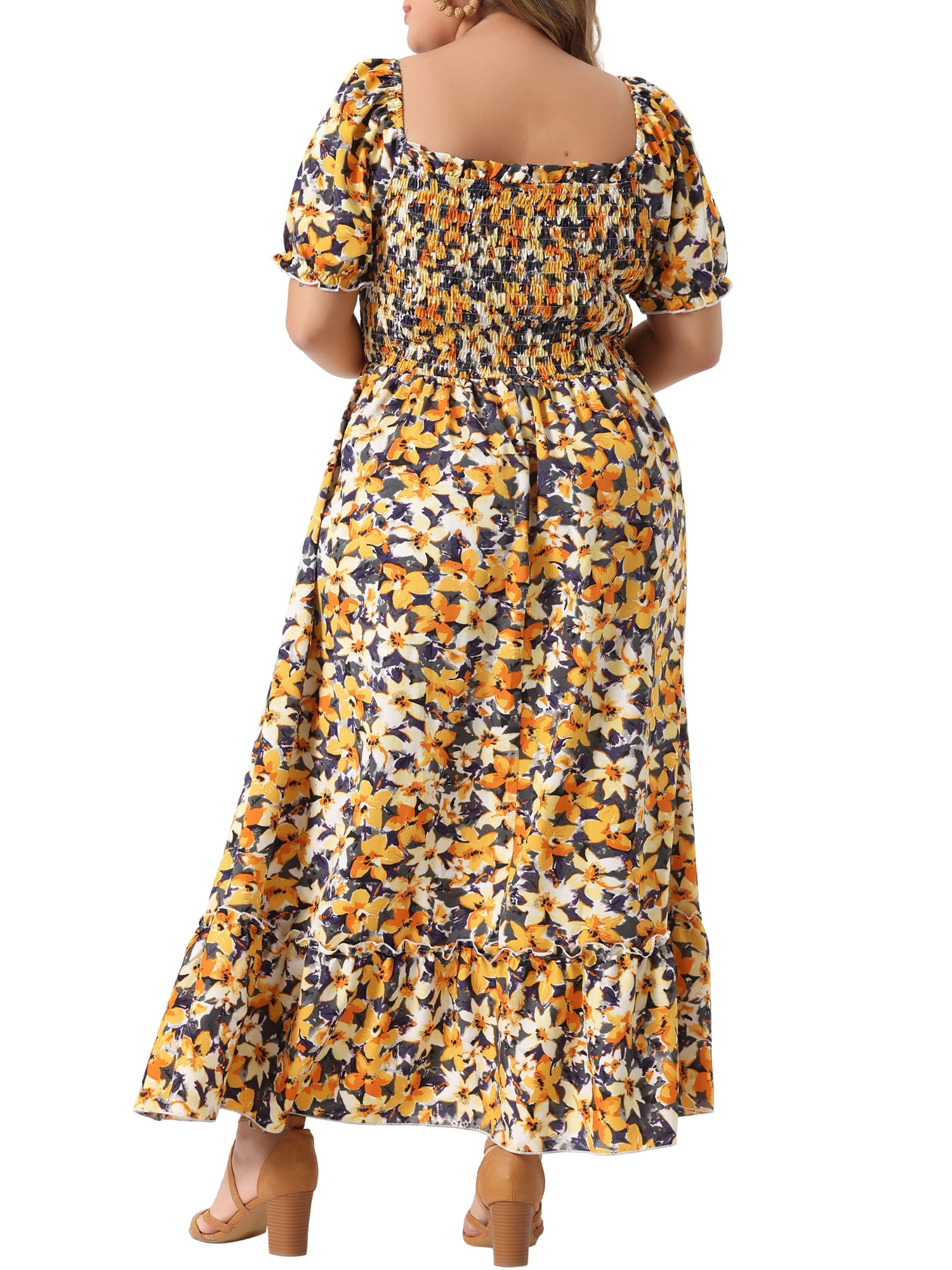 Women's Plus Size Square Neck Short Sleeve Smocked Boho Floral Maxi Dresses