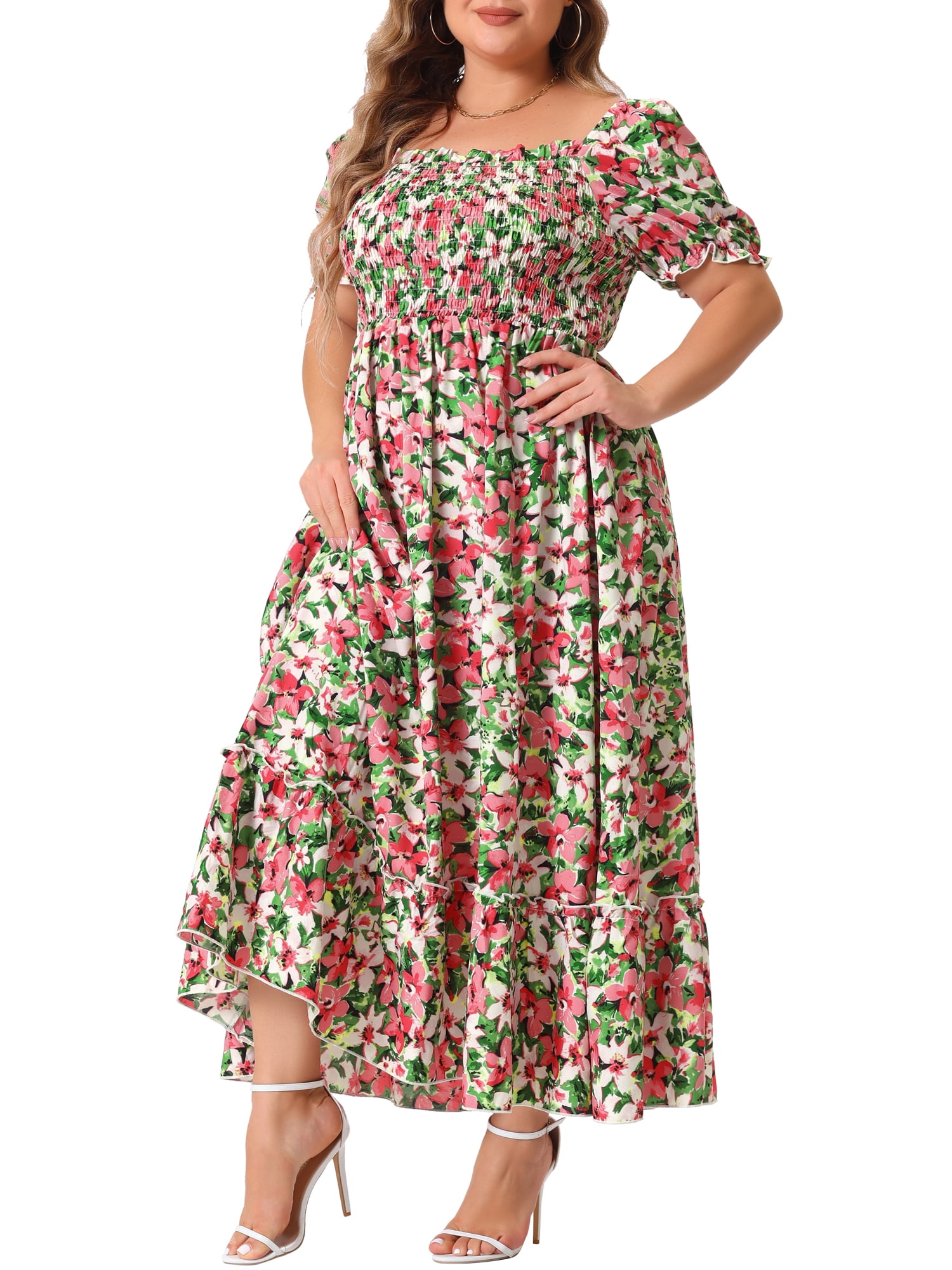 Women's Plus Size Square Neck Short Sleeve Smocked Boho Floral Maxi Dresses