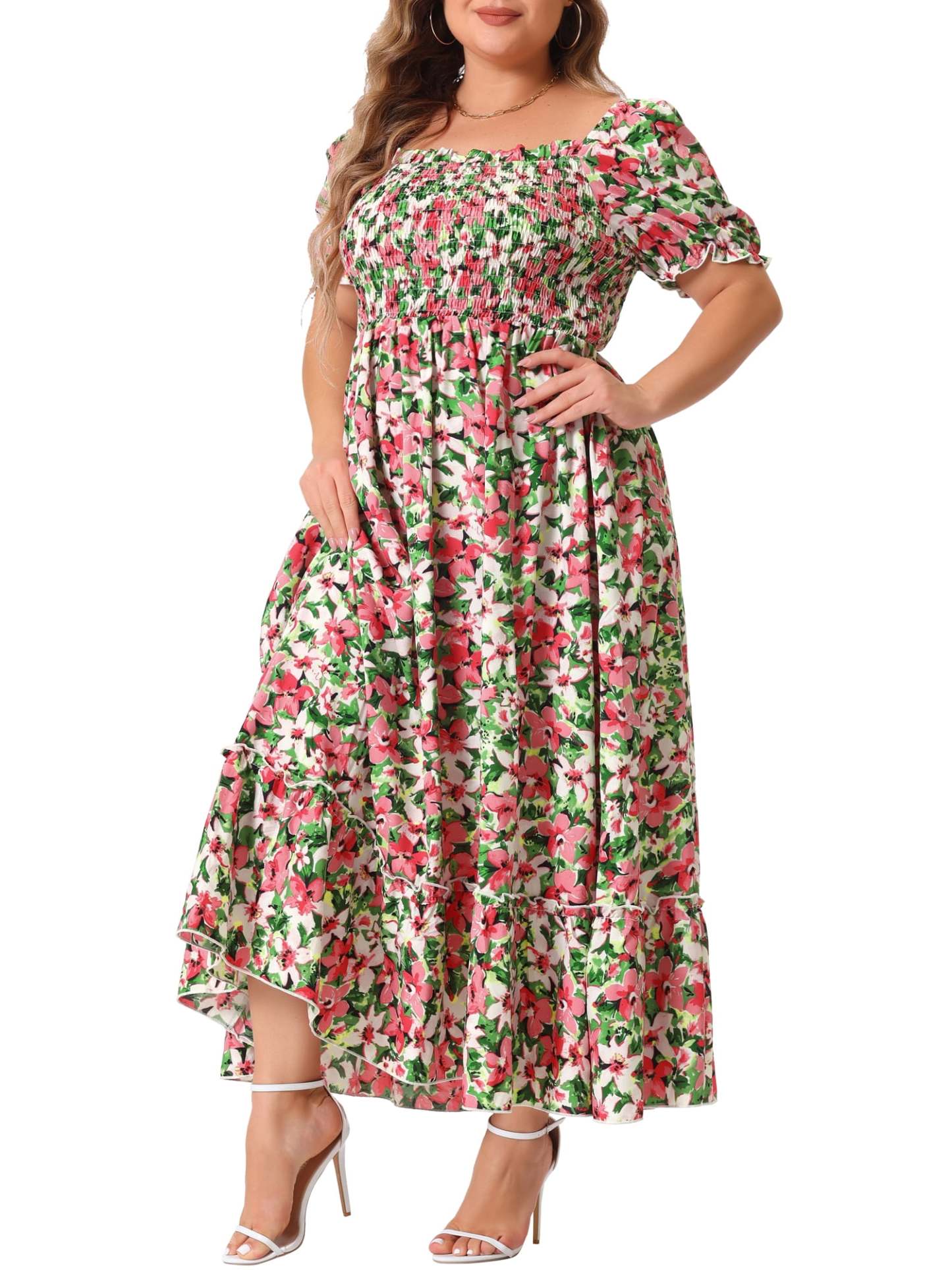 Women's Plus Size Square Neck Short Sleeve Smocked Boho Floral Maxi Dresses