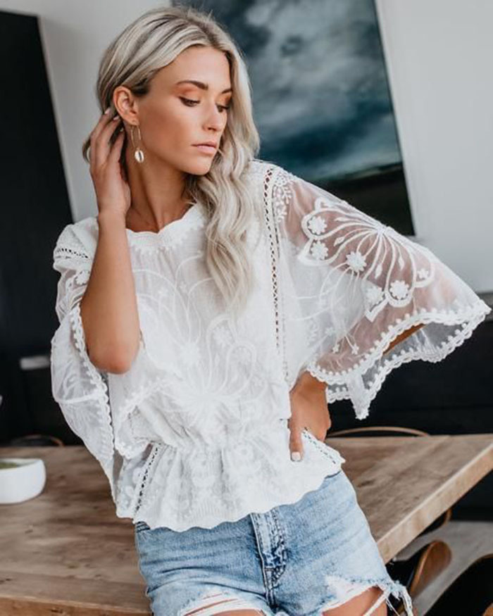 Women's Oversize Bohemian Embroidery Cotton Batwing Blouse Top