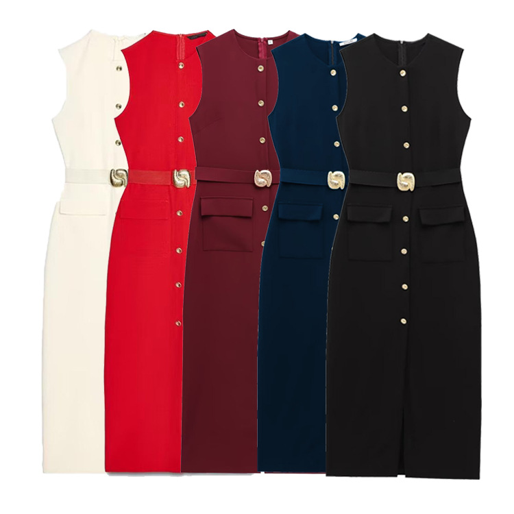 Round Neck Belt Sexy Sleeveless Midi Dress