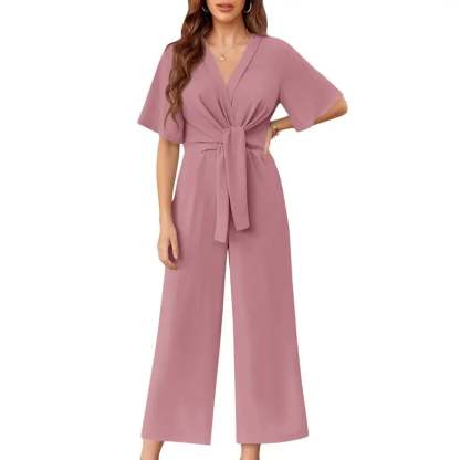 Womens Wide Leg Jumpsuits Short Sleeve V Neck Tie Knot High Waist Summer Long Romper