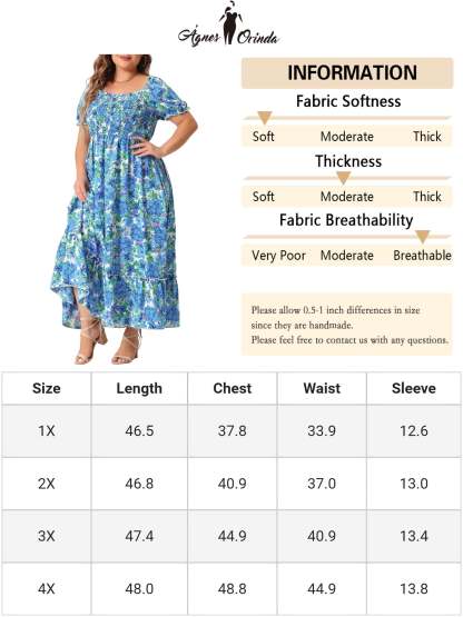 Women's Plus Size Square Neck Short Sleeve Smocked Boho Floral Maxi Dresses