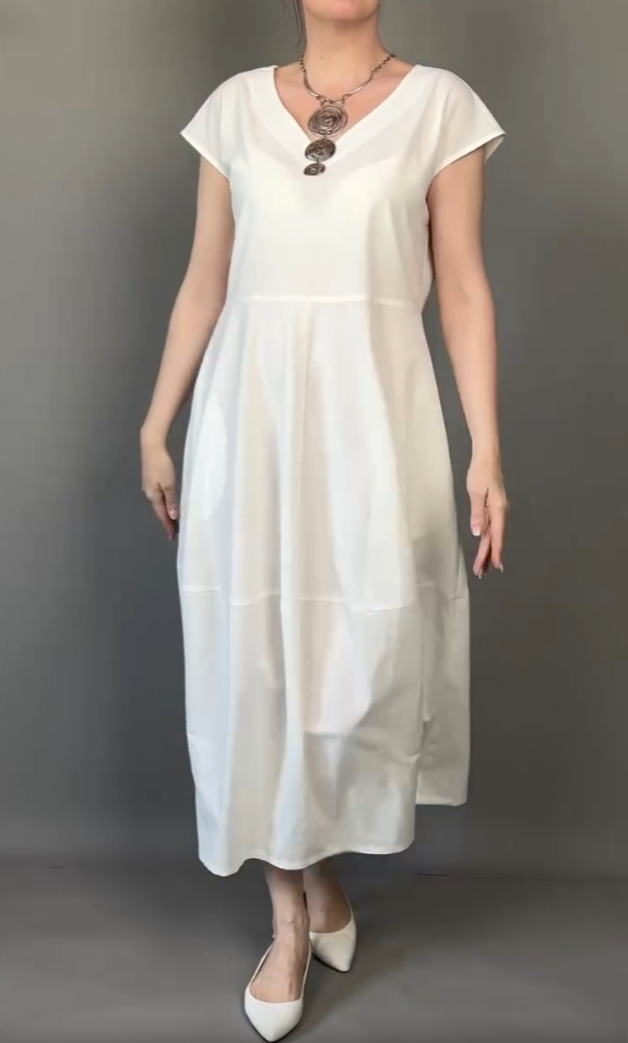 V-neck solid color stitching casual loose cotton dress