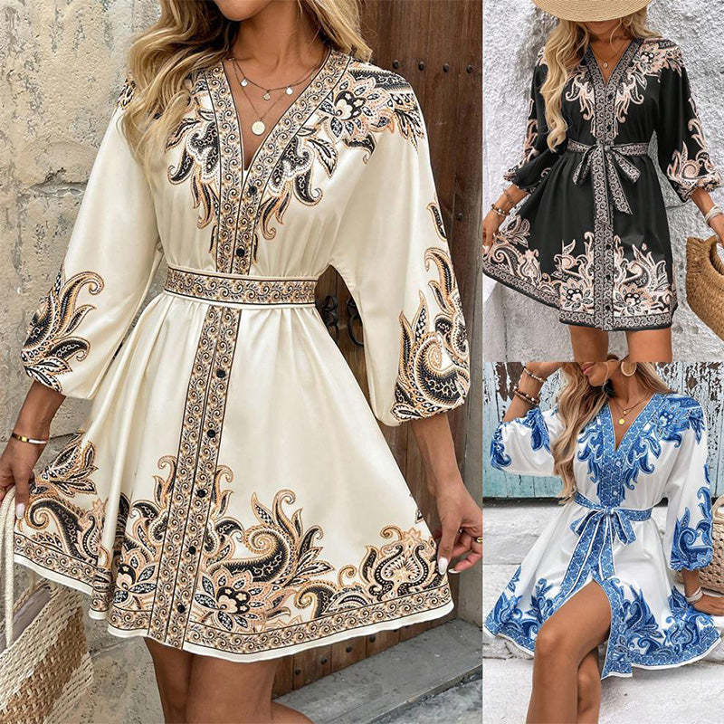 🔥👗【 S-2xl】 Women's Printed Tie V-Nursery Dress