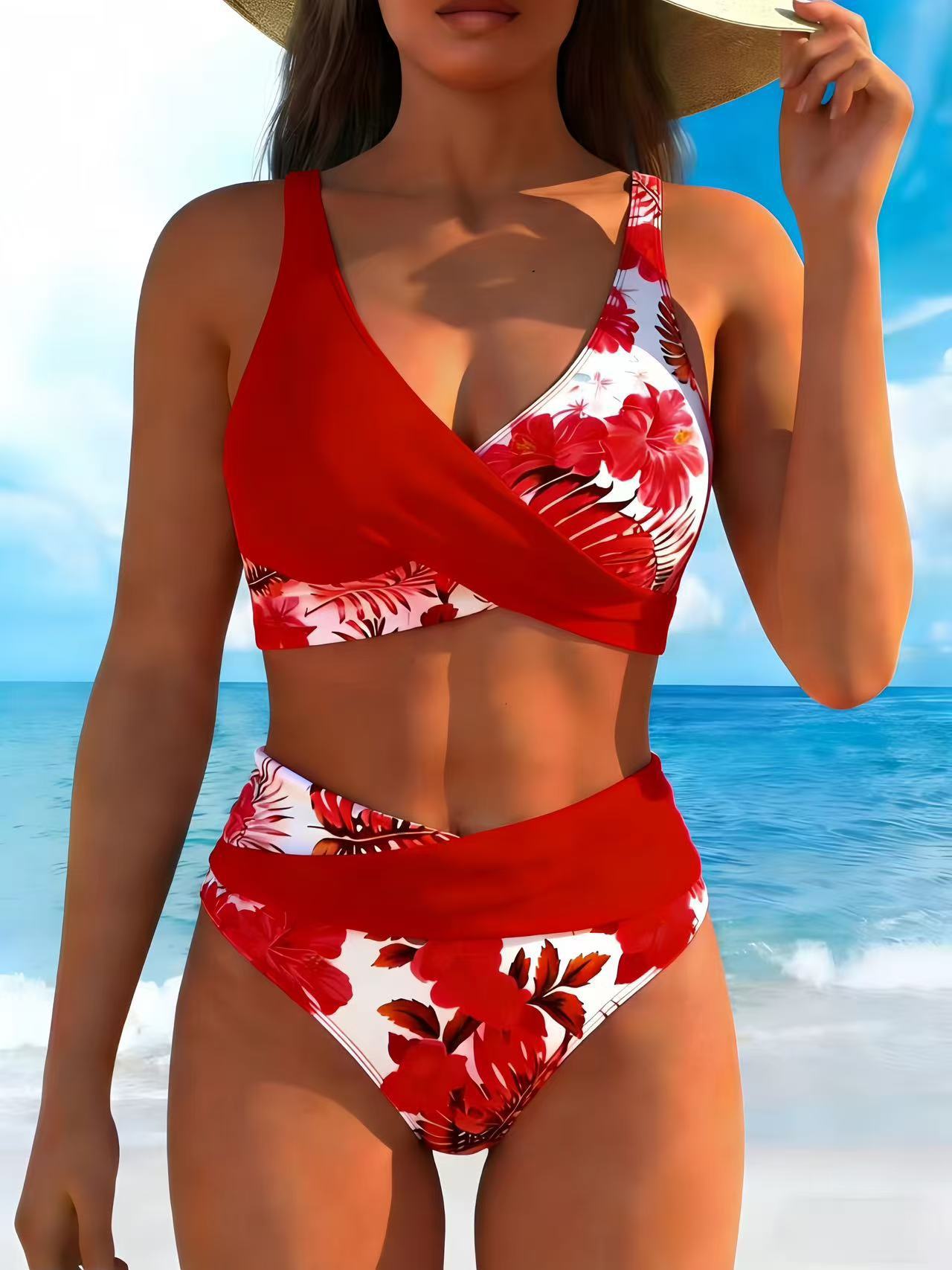 Damski komplet bikini z wysokim stanem i nadrukiem kwiatowym