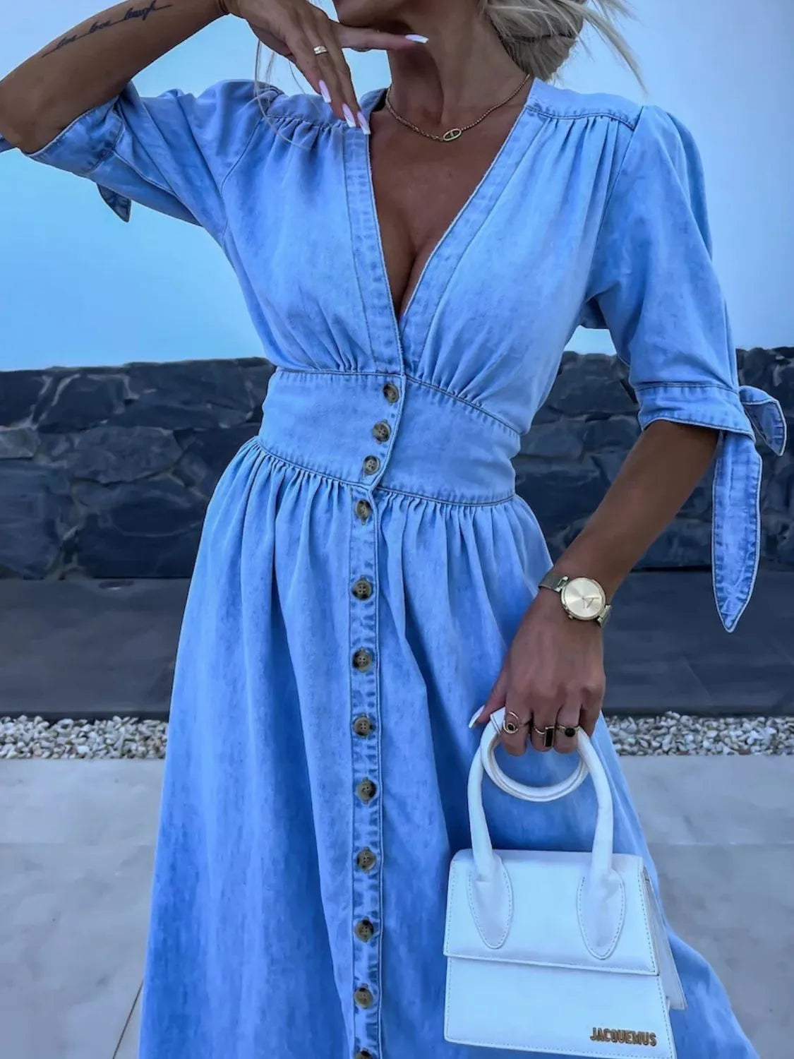 Button Front V-Neck Half Sleeve Denim Dress