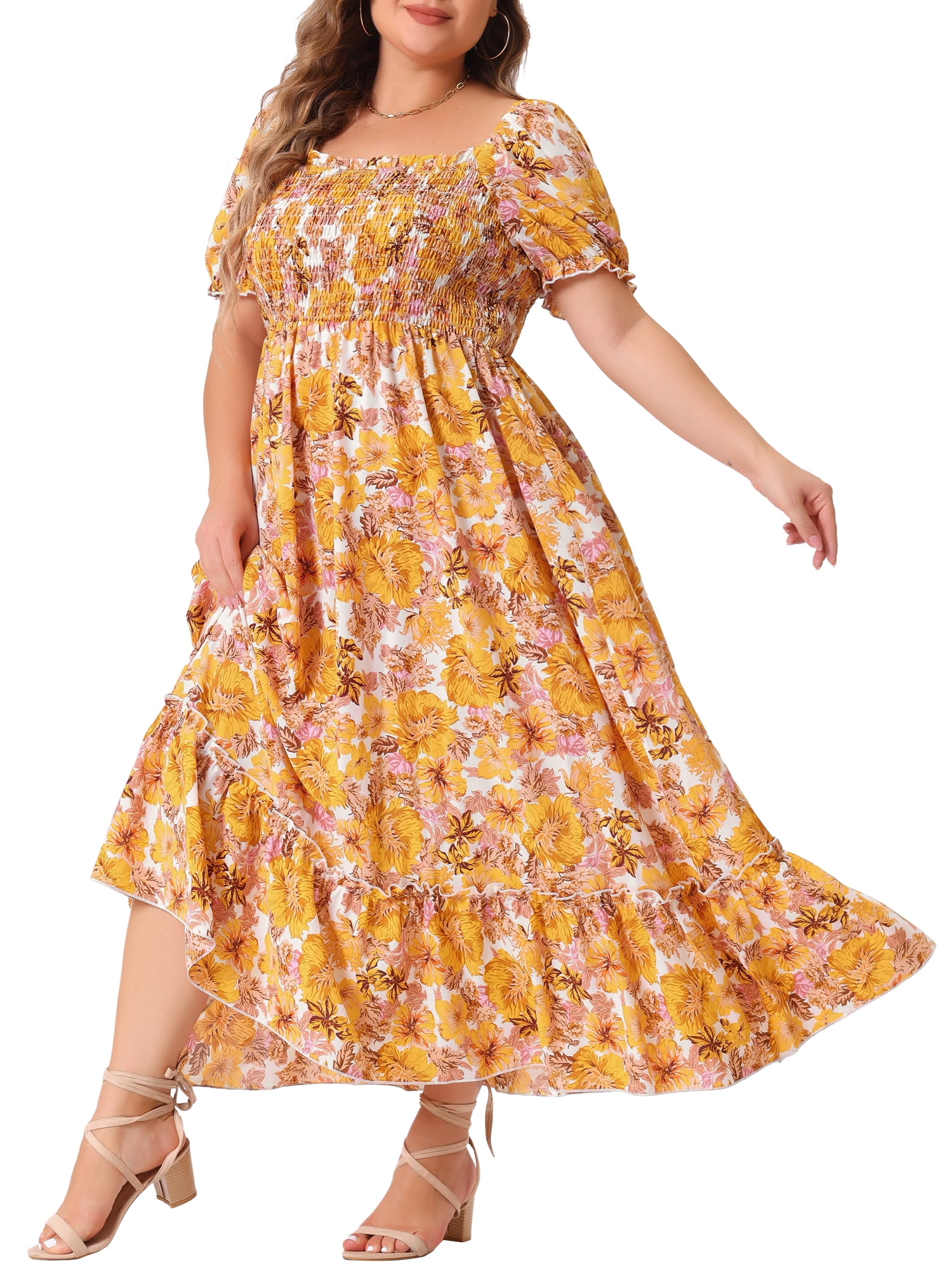 Women's Plus Size Square Neck Short Sleeve Smocked Boho Floral Maxi Dresses