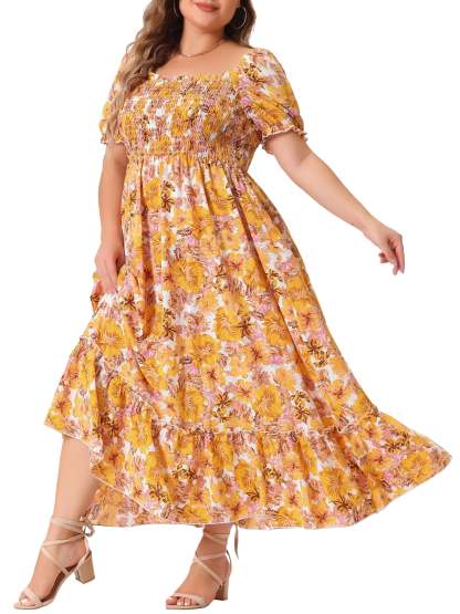 Women's Plus Size Square Neck Short Sleeve Smocked Boho Floral Maxi Dresses