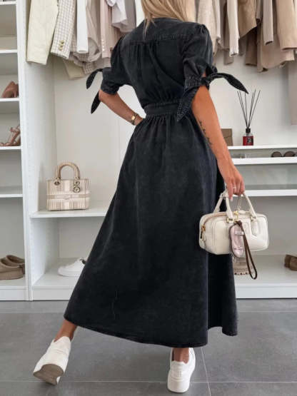 Button Front V-Neck Half Sleeve Denim Dress