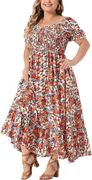 Frenchy Style Ditsy Floral Print Puff Sleeve A Line Maxi Dress, Square Neck Shirred Dress