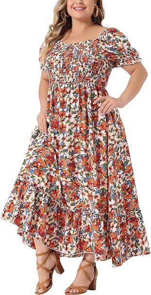 Frenchy Style Ditsy Floral Print Puff Sleeve A Line Maxi Dress, Square Neck Shirred Dress
