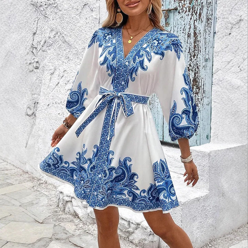 🔥👗【 S-2xl】 Women's Printed Tie V-Nursery Dress