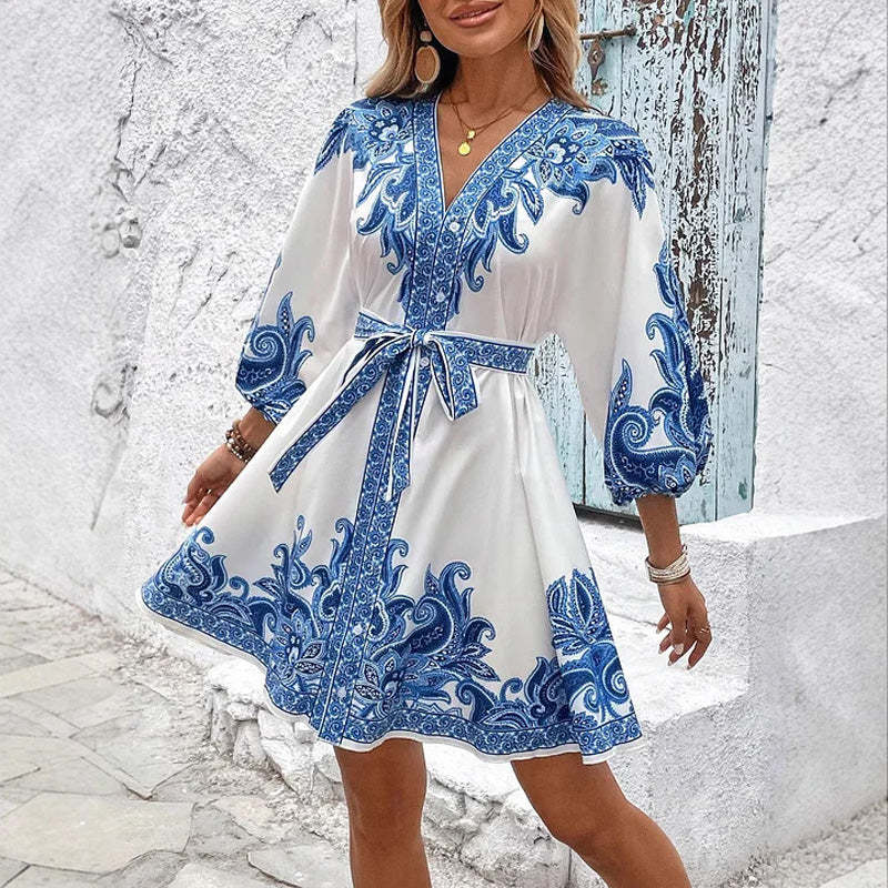 🔥👗【 S-2xl】 Women's Printed Tie V-Nursery Dress
