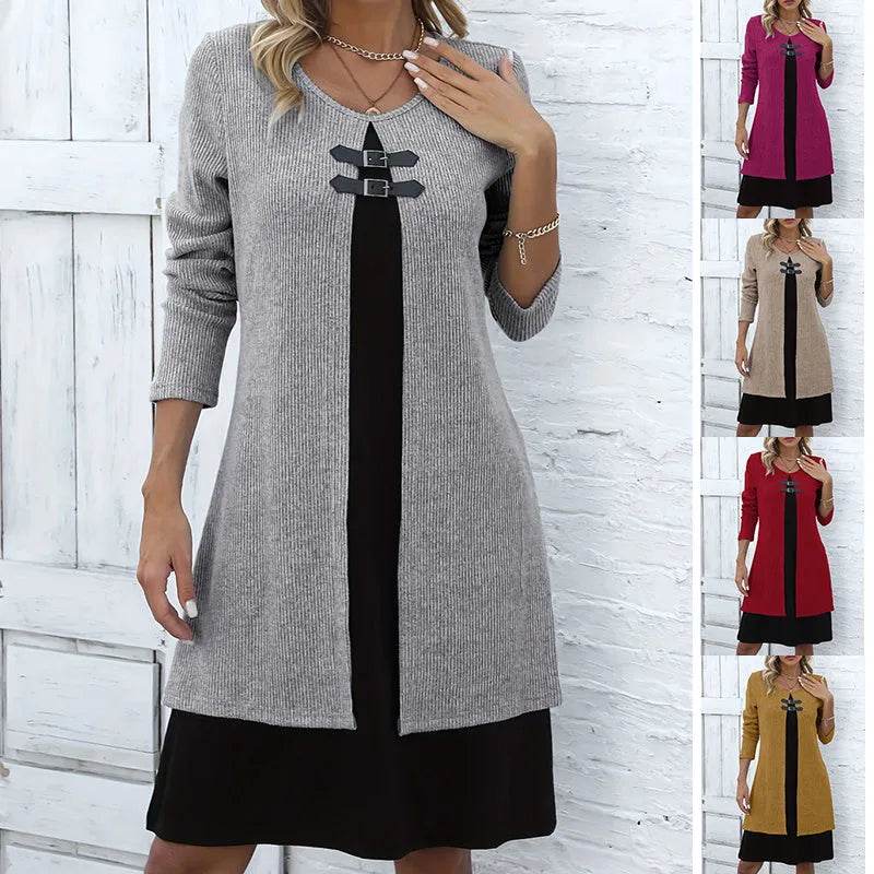 Women's Elegant Fake Two-Piece Long Sleeve Round Neck Dress