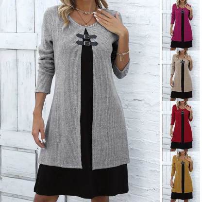 Women's Elegant Fake Two-Piece Long Sleeve Round Neck Dress