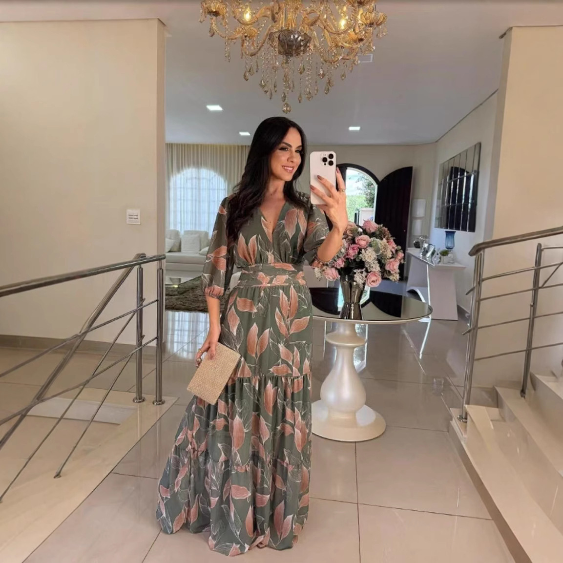 Women's New Summer V-Neck Fashionable Elegant Printed Midi Dress