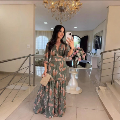 Women's New Summer V-Neck Fashionable Elegant Printed Midi Dress