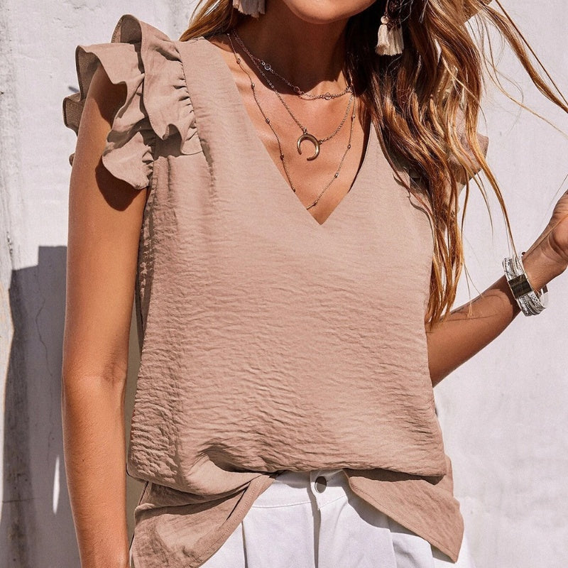 [S-2XL]👚Elastyczny top z falbanką bez rękawów z dekoltem w serek