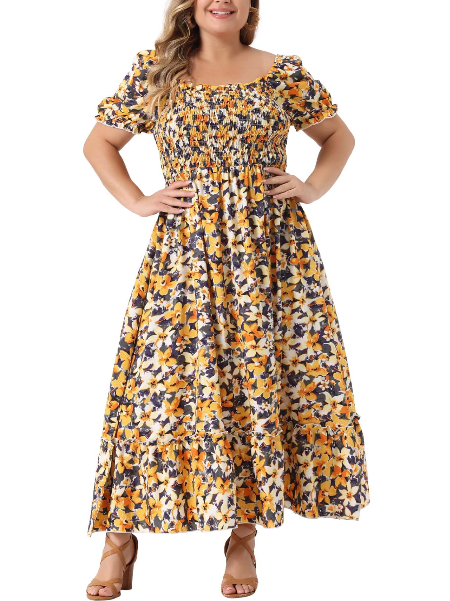 Women's Plus Size Square Neck Short Sleeve Smocked Boho Floral Maxi Dresses