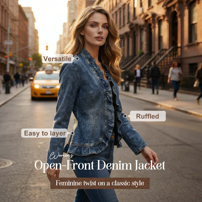 🥳2026 HOT SALE🥳💞👵☀️ 50% OFF! Open-Front Denim Jacket – No buttons, easy on/off. Flattering ruffle trim, breathable fabric. Classic blue wash. A versatile wardrobe staple. 🌿✅