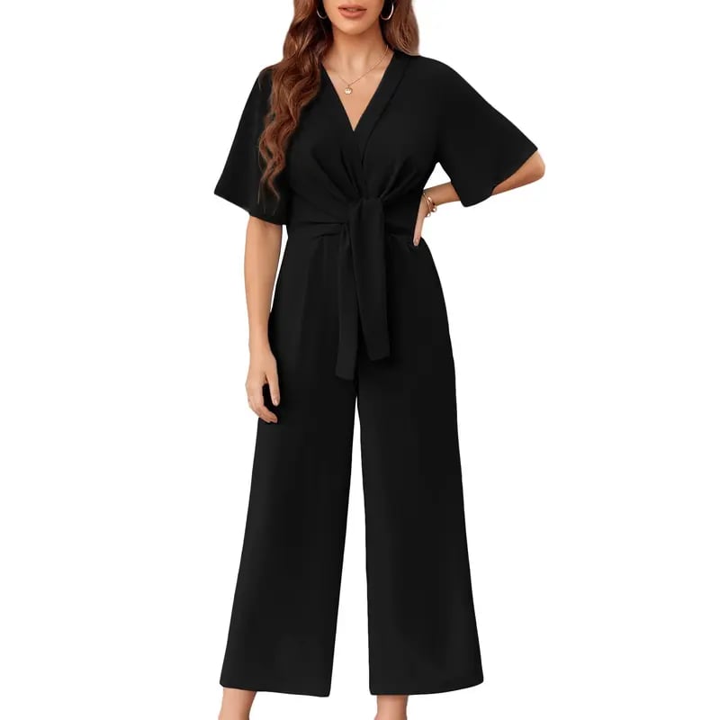 Womens Wide Leg Jumpsuits Short Sleeve V Neck Tie Knot High Waist Summer Long Romper