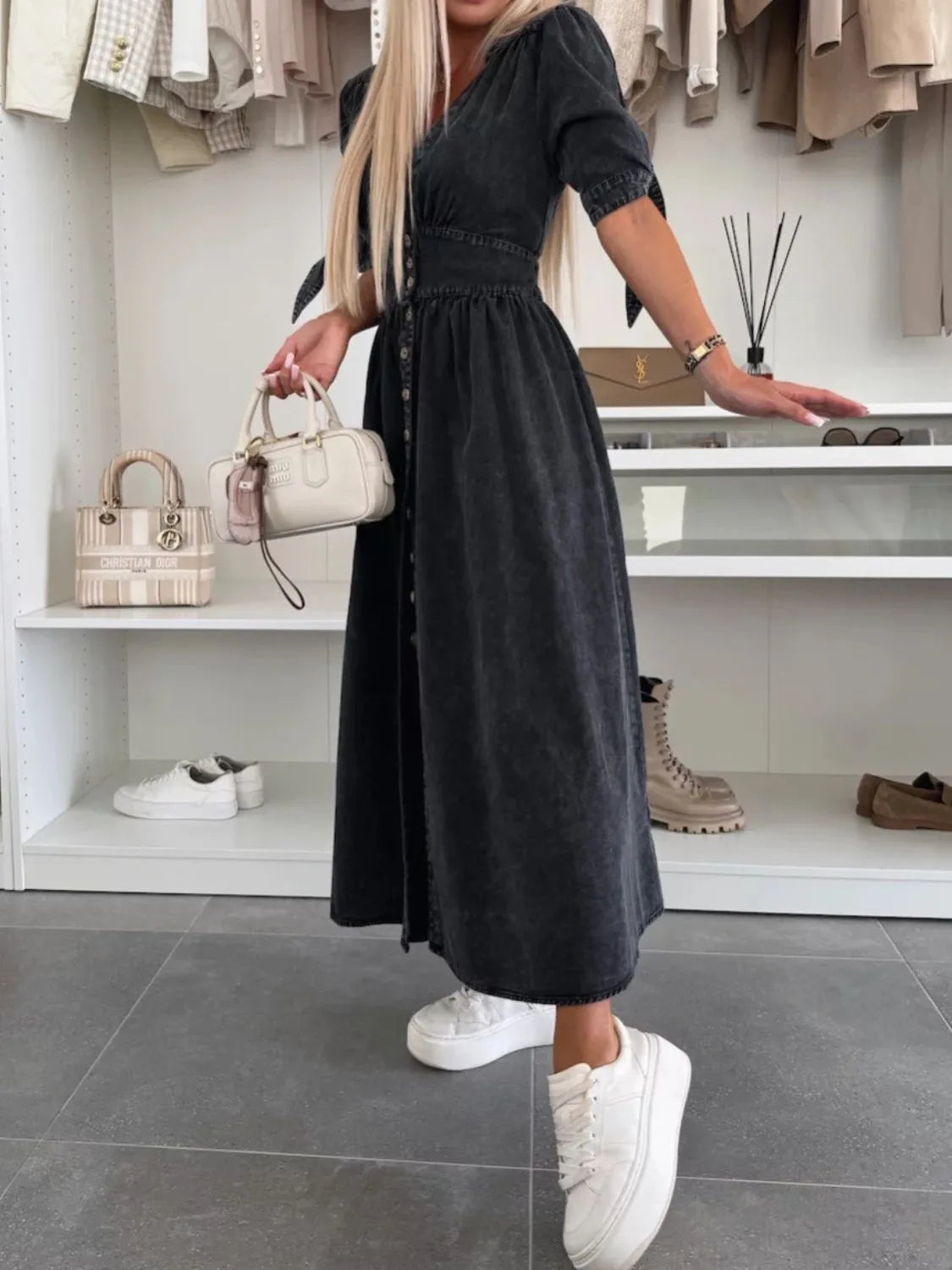 Button Front V-Neck Half Sleeve Denim Dress