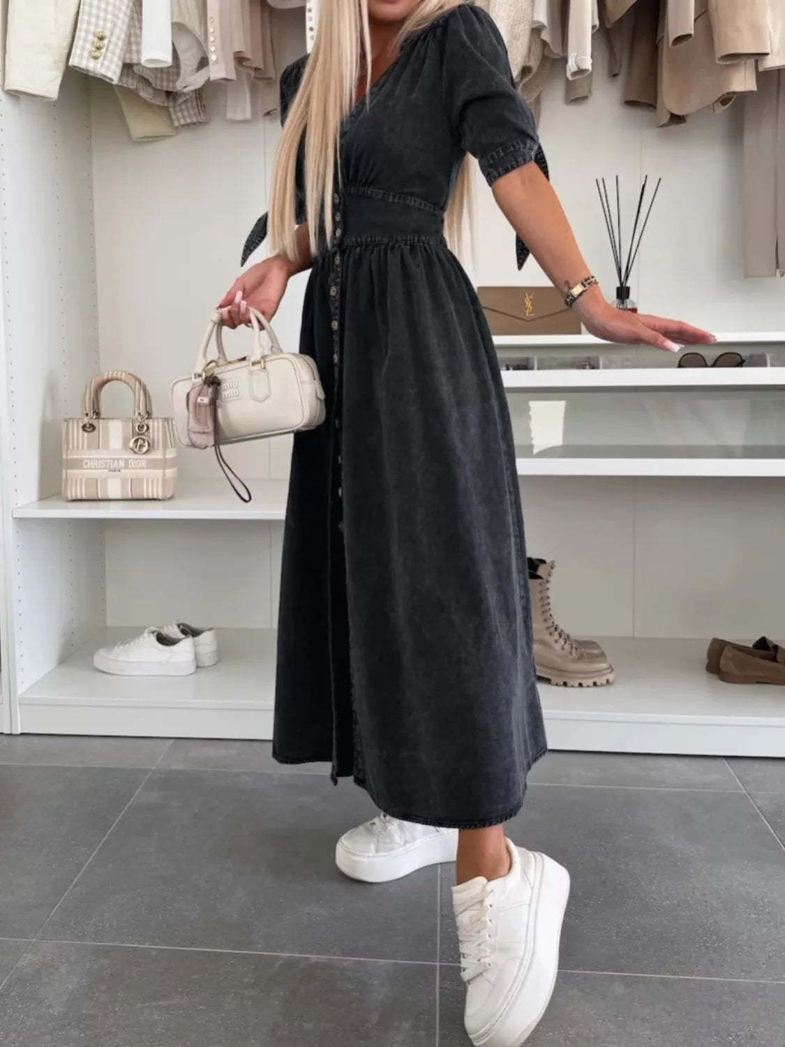 Button Front V-Neck Half Sleeve Denim Dress