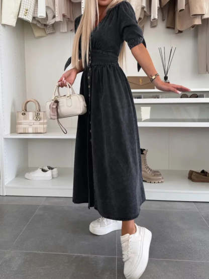 Button Front V-Neck Half Sleeve Denim Dress