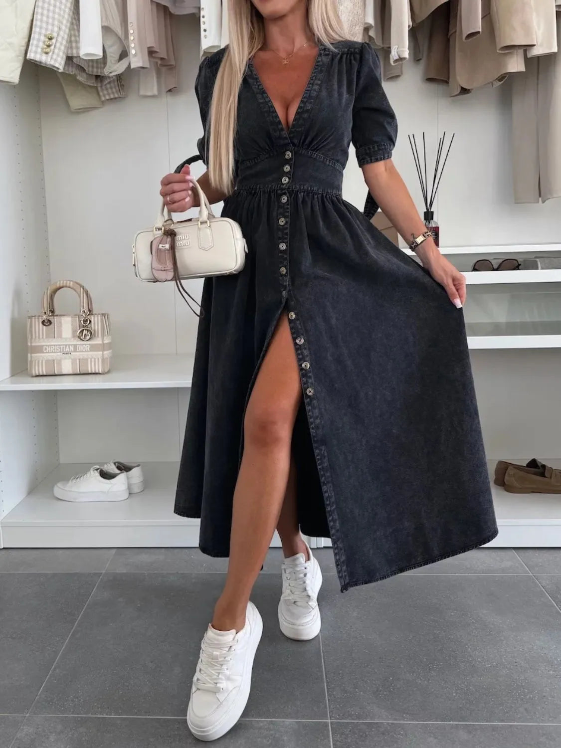 Button Front V-Neck Half Sleeve Denim Dress