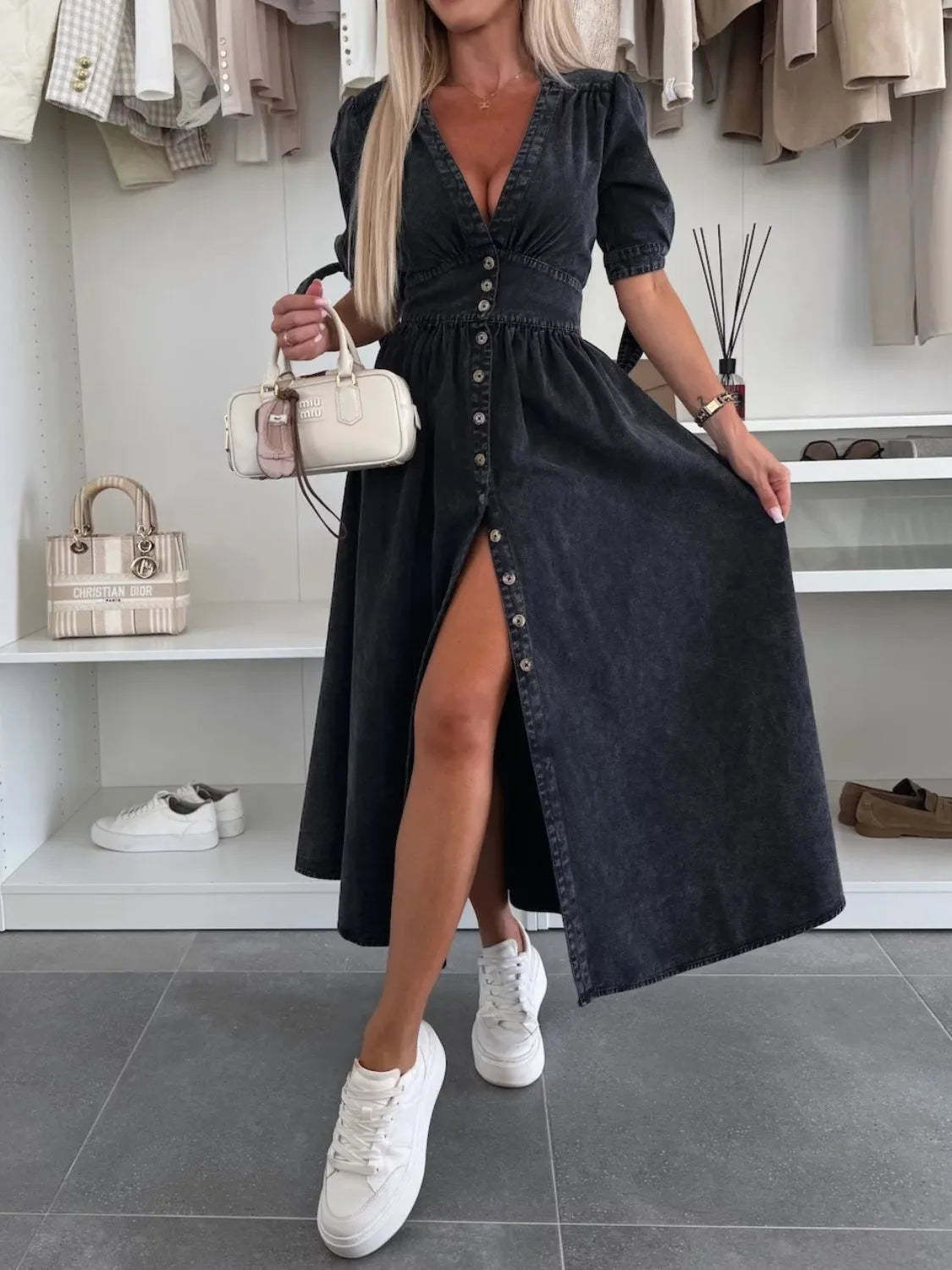 Button Front V-Neck Half Sleeve Denim Dress
