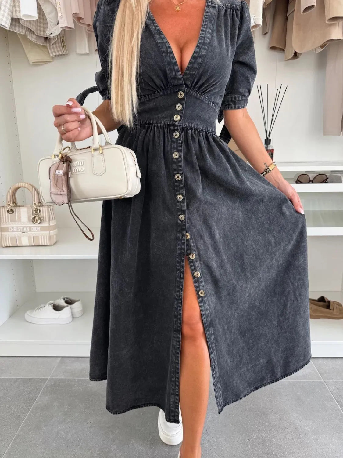 Button Front V-Neck Half Sleeve Denim Dress