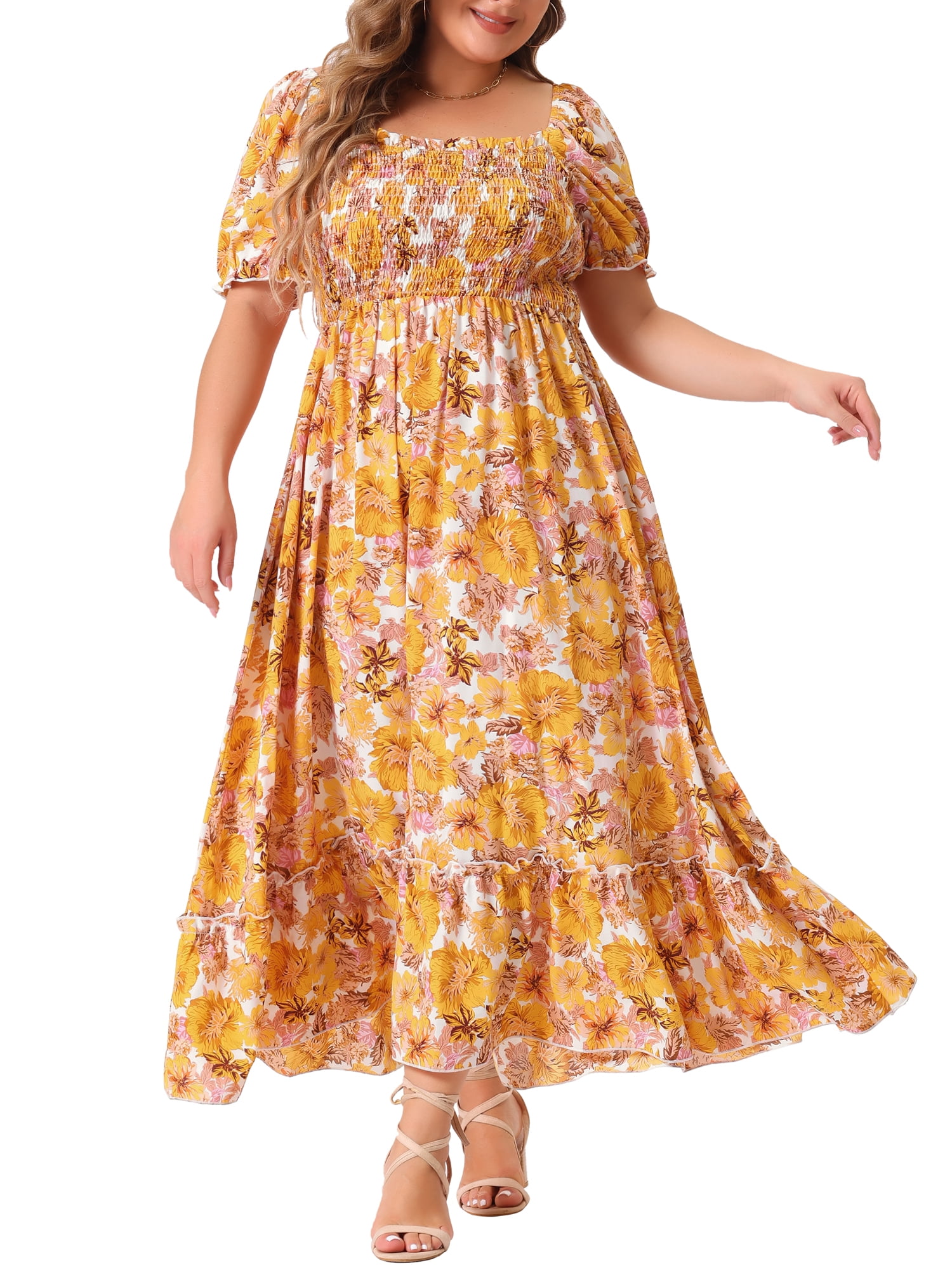 Women's Plus Size Square Neck Short Sleeve Smocked Boho Floral Maxi Dresses