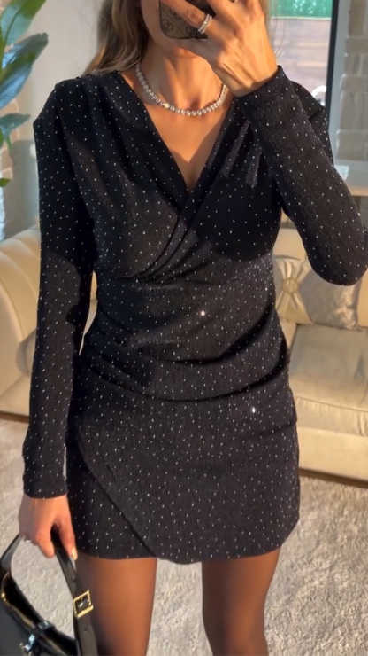 Women V-neck Rhinestone Splicing Elegant Casual Dress