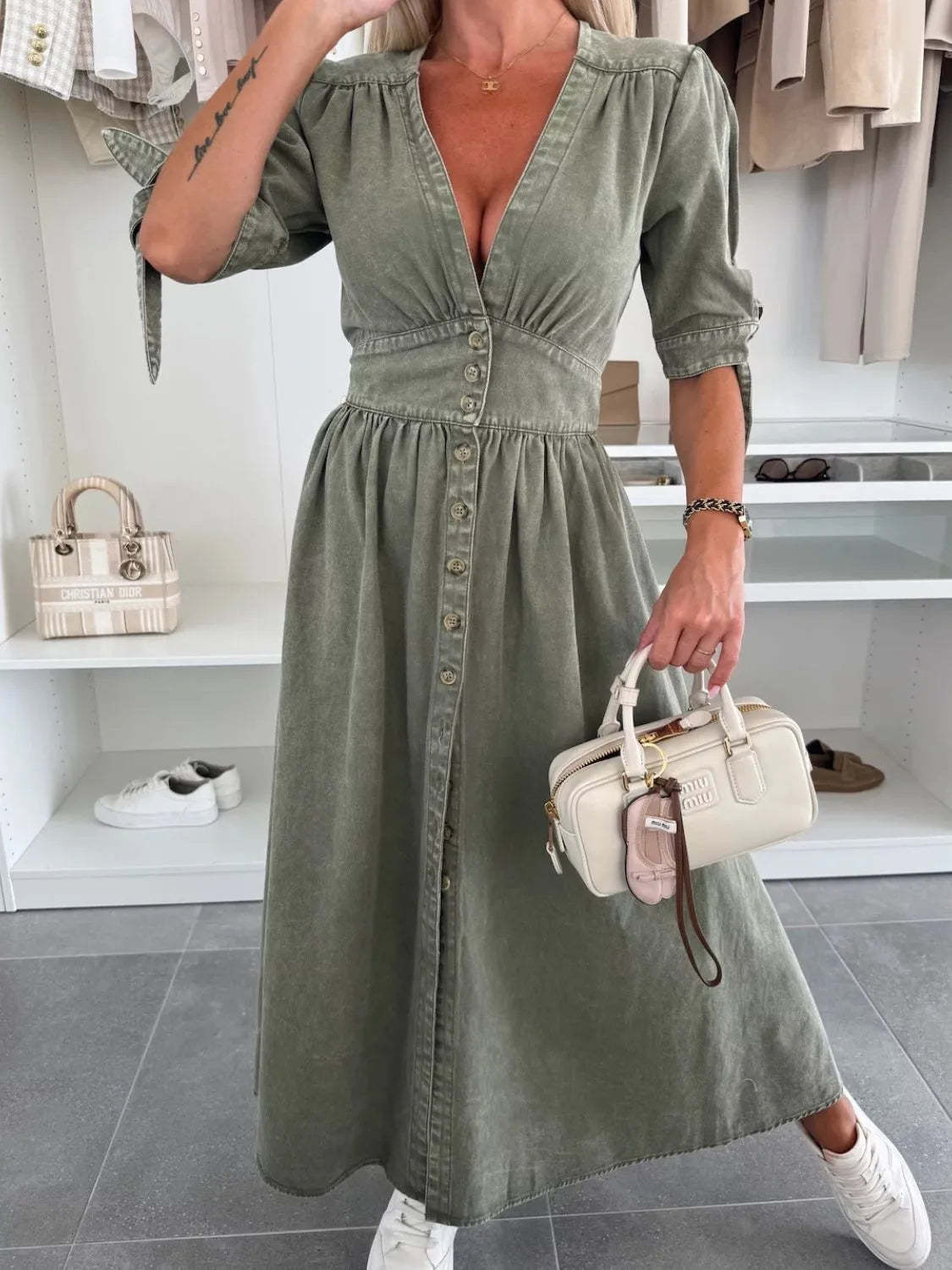 Button Front V-Neck Half Sleeve Denim Dress